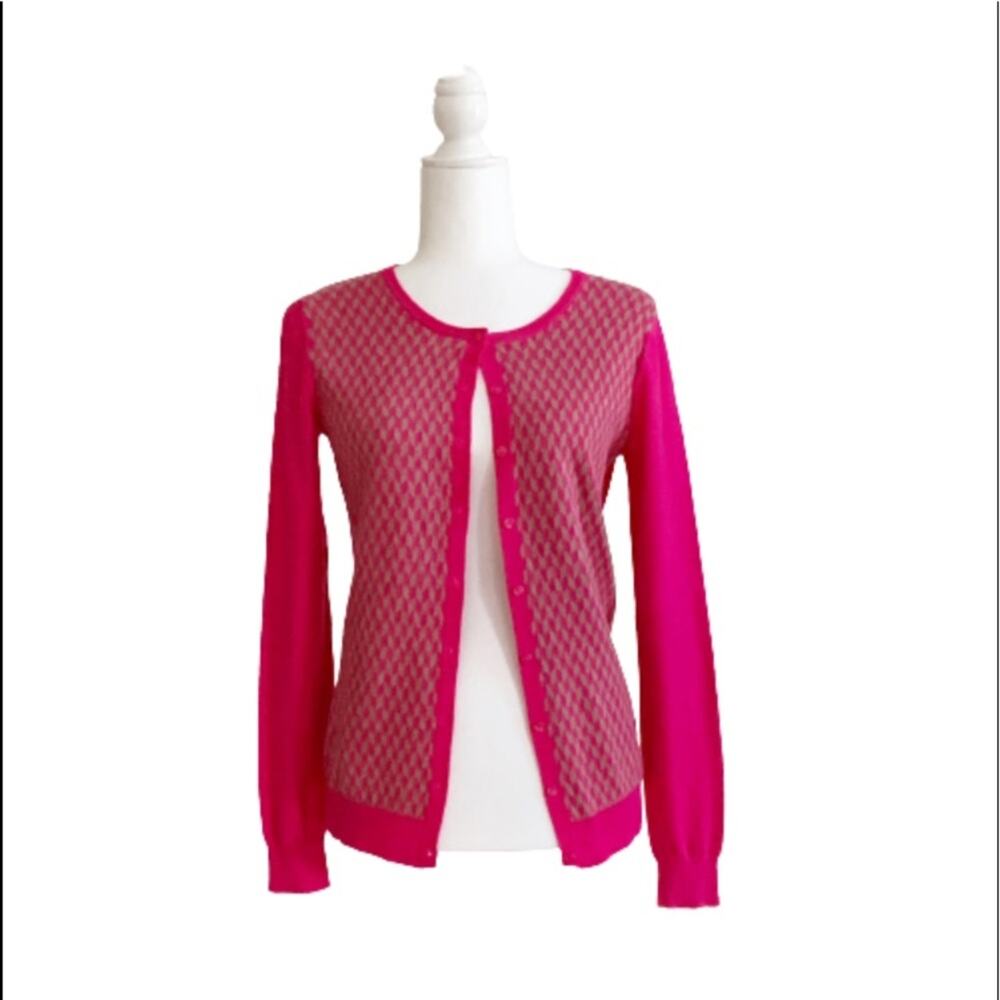 Old Navy Cardigan Sweater Fuchsia Tan Geo Print Crew Neck Button Front Small NEW
